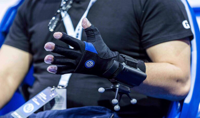 A virtual reality glove by Noitom is shown at the Shanghai International Automobile Industry Exhibition.