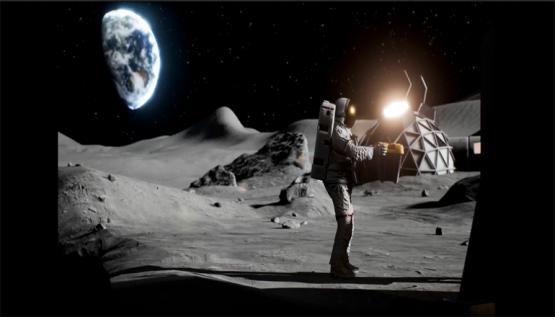 An astronaut walks on the moon inside the Alice Space virtual reality experience by Noitom.